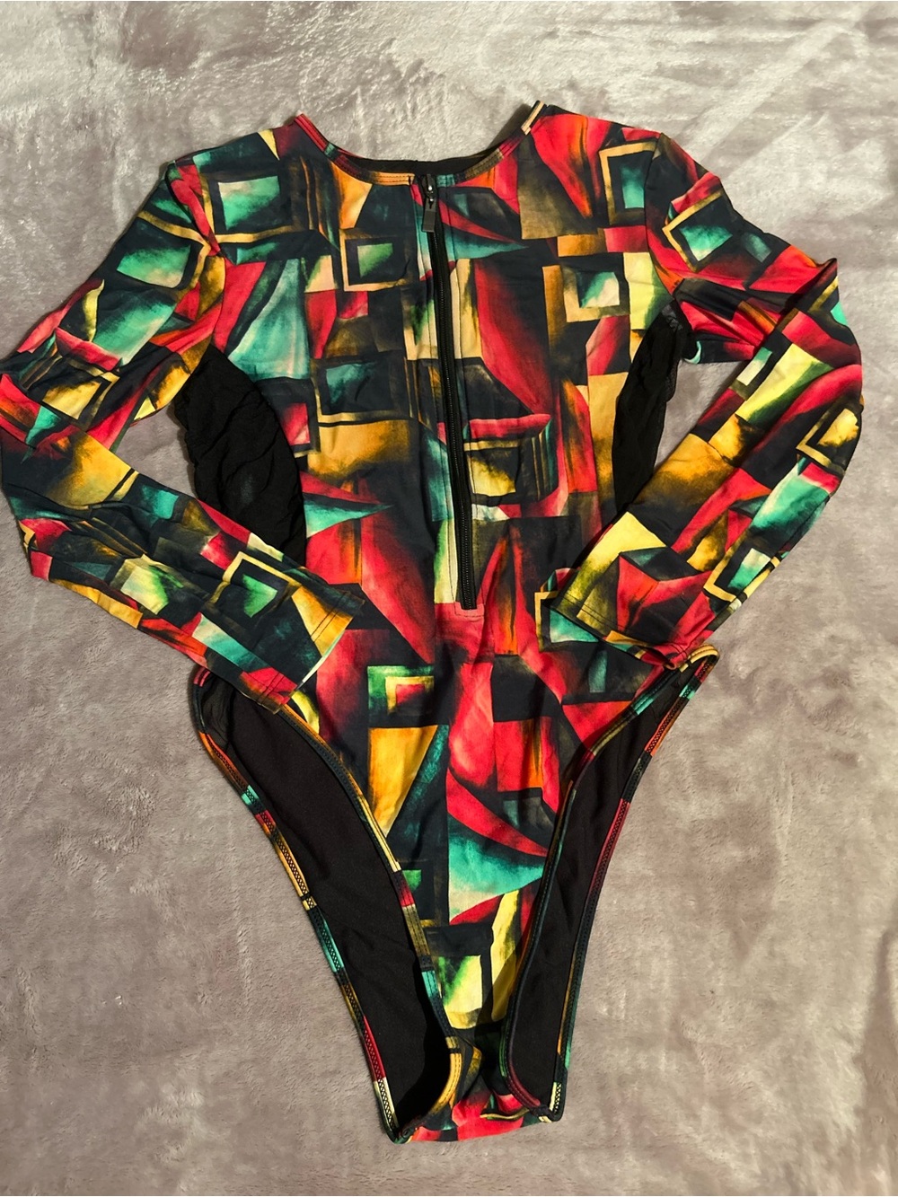 Long Sleeve Kids One-Piece Swimsuit in Red, Green & Yellow Abstract Print